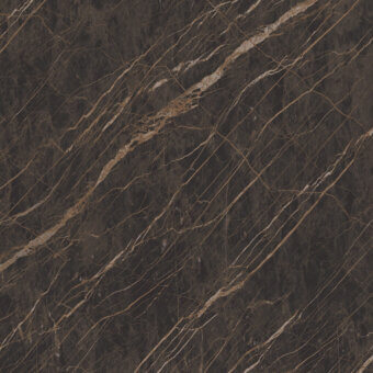 Supermarble texture sample, dark brown with beige and white veins, displaying a diagonal striated pattern and high-gloss polished finish.